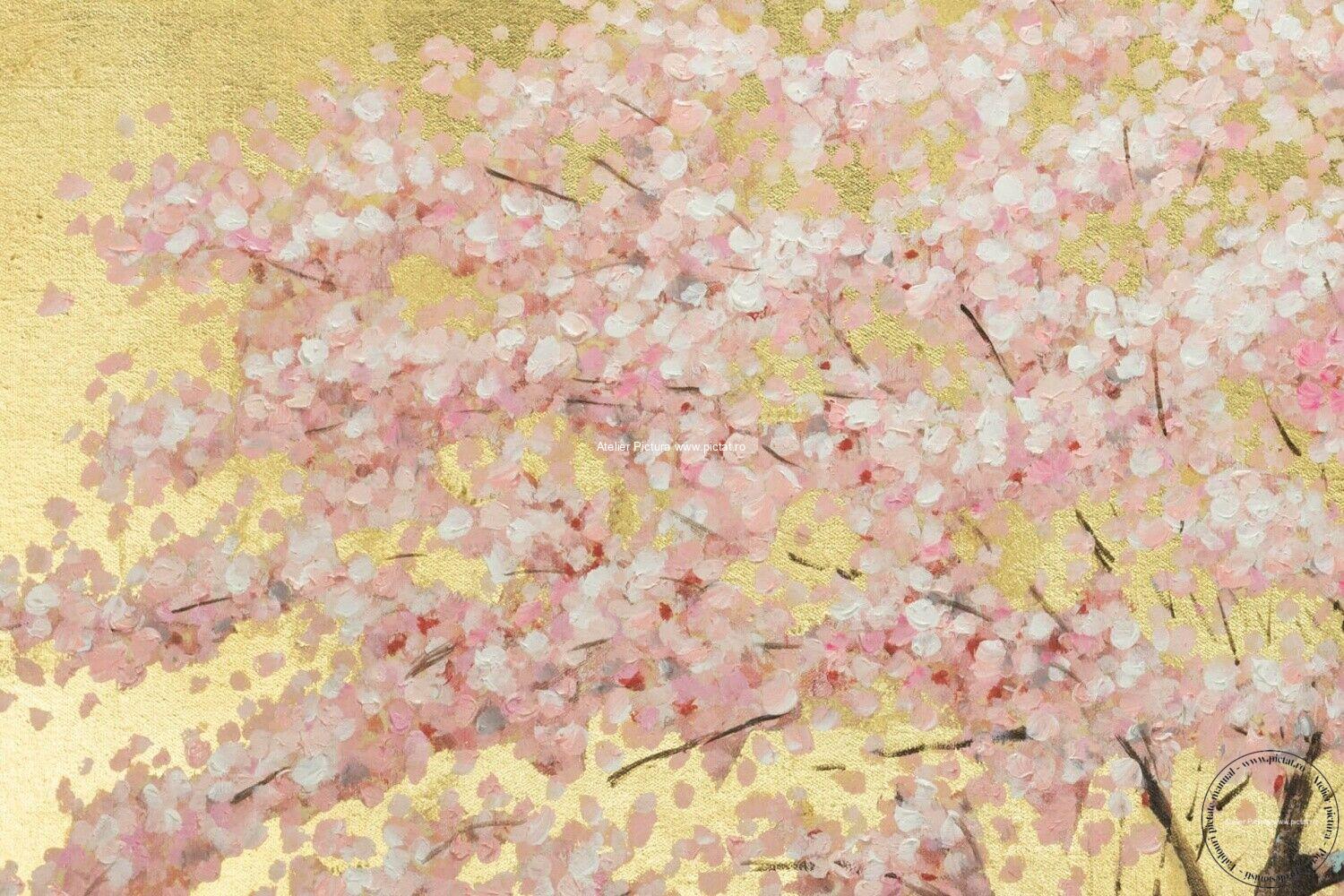 Tablou pictat pictura in ulei cu flori, Pictura abstracta, tablou copac cu flori albe si roz, tablou cu foita de aur - imagine 4