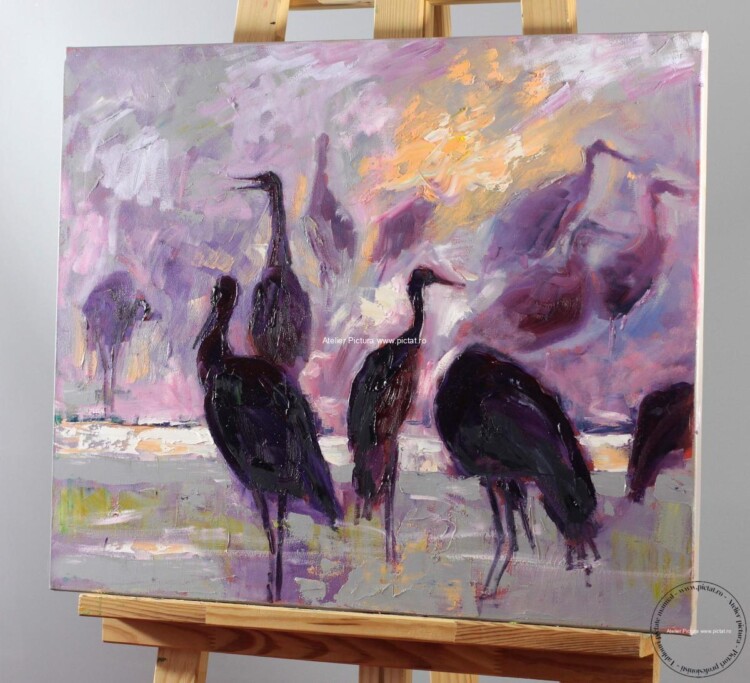 Tablou pictat manual, Tablou abstract, tablou cu egrete si pelicani in delta