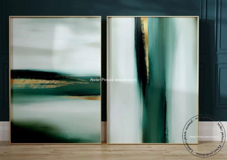 Tablou abstract modern ulei pe panza, Verde negru auriu, Set 2 tablouri
