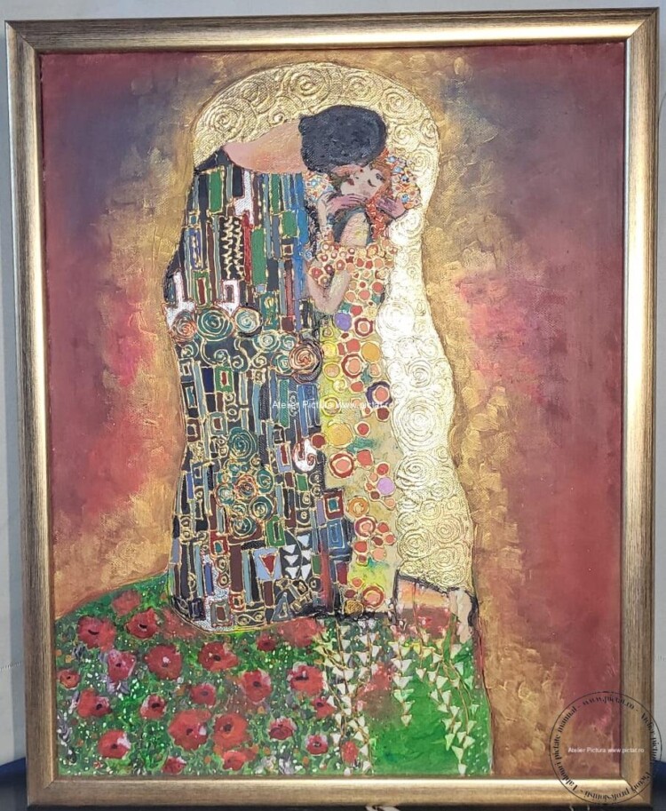 Klimt - Sautul, Tablou abstract cu foita de aur, pictura ulei pe panza