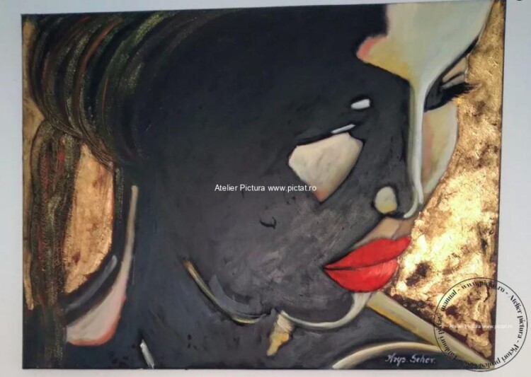 Tablou negru rosu auriu portret abstract femeie cu buze rosii, pictura placata cu foita de aur