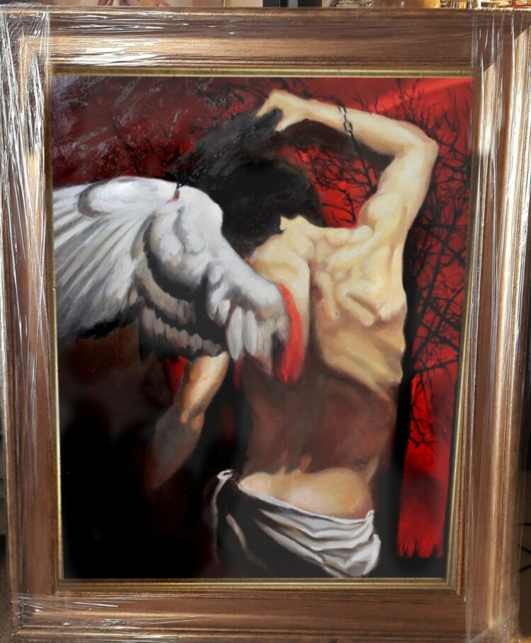 Nud de barbat inaripat, inger in lanturi, tablou cu nud de varbat pictat in ulei pe panza56x70cm